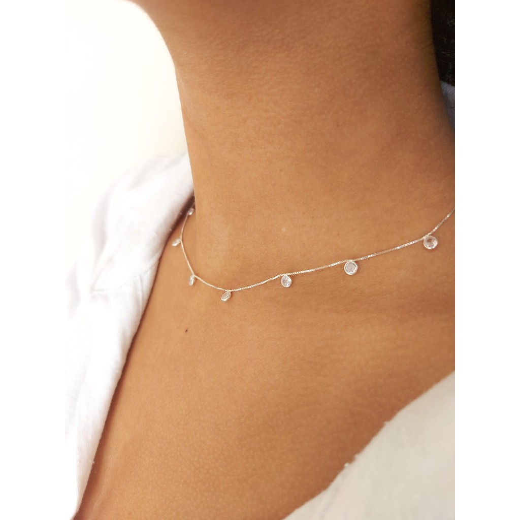 Choker Zirconia Pedras Brancas Veneziana Prata 925