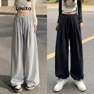 Lovito Calças Casuais Com Bolso Liso E Cordão Para Mulheres LNA34096 (Cinzento Preto)