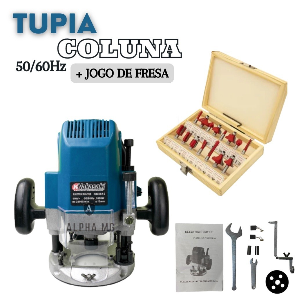 Kit Tupia Coluna 8mm E 12mm 1600w + 15 Fresas 8mm Promoção!