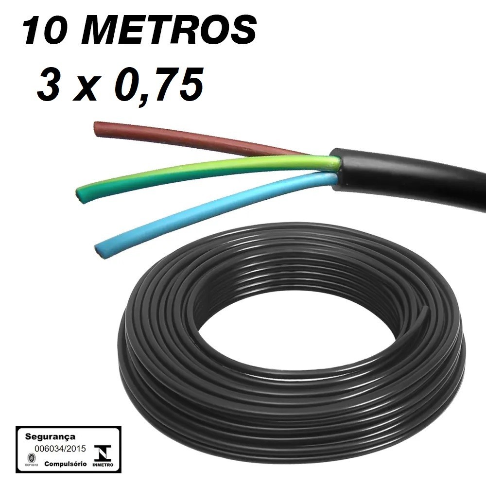 Kit 10 metros cabo pp 3x0,75mm preto