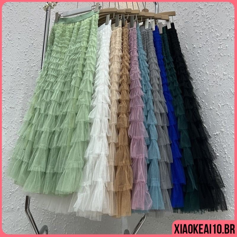 Plus size Moda Cintura Alta Babado De adulto Lisa Puffy Elegante Social Saia midi tule camadas Elástica Saia G3 Preto