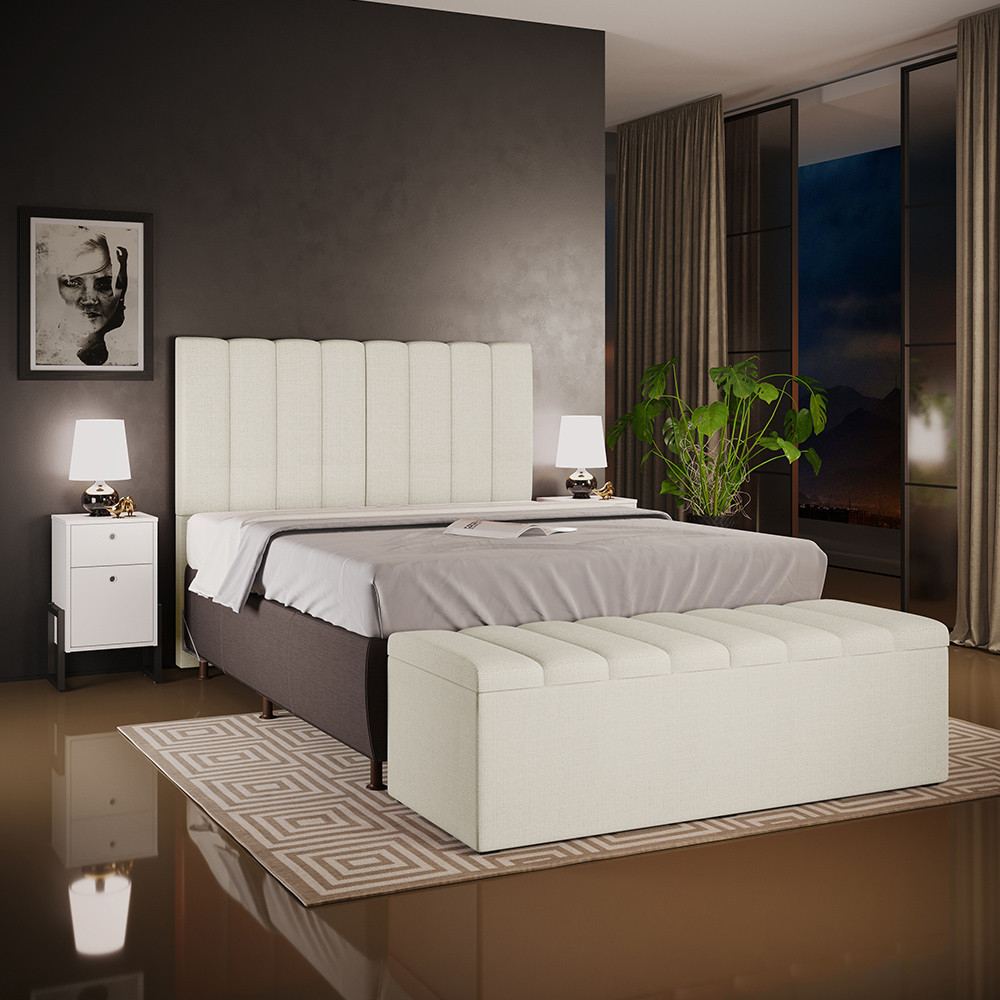 Kit Cabeceira Cama Box Queen 160cm Com Calçadeira Baú Dália W01 Linho Champagne - Lyam Decor em Oferta na Shopee