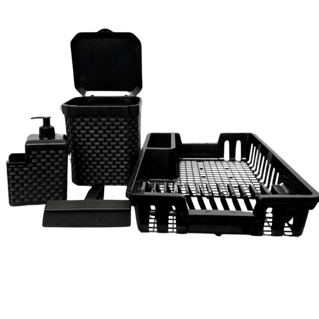 Imagem Kit Cozinha Completa: Escorredor de Louça + Lixeira 5L + Porta Detergente + Rodinho de Pia