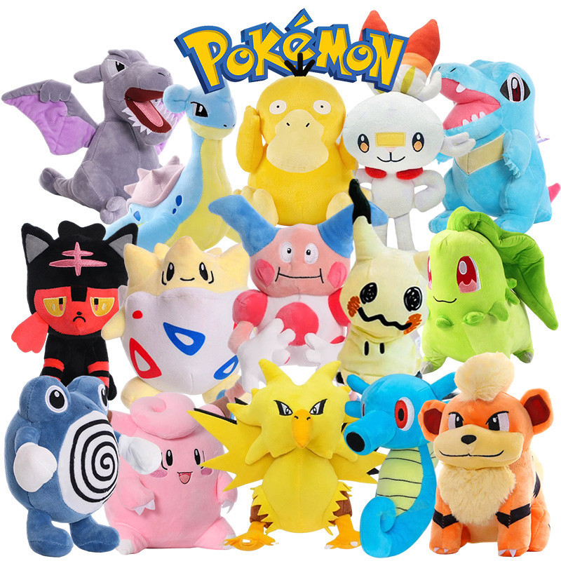Pelúcias de Pokemon - Psyduck, Togepi, Mimikyu, Scorbunny, Chikorita, Lapras, Horsea, Totodile, Mime