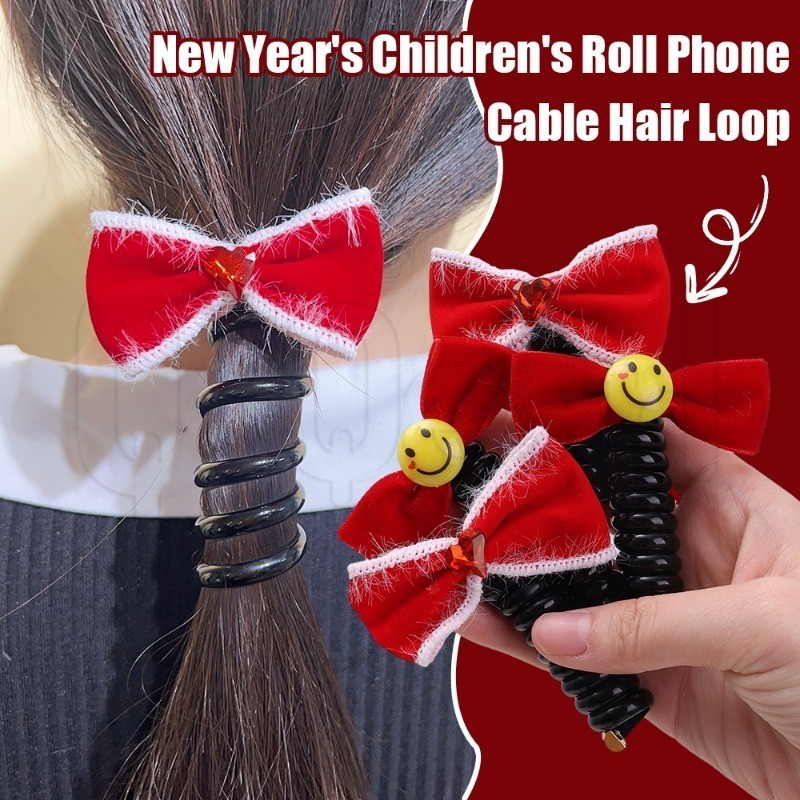 Anel De Cabelo De Linha Telefônica-Corda Com Pompom De Laço-Suporte De Rabo De Cavalo De Ano Novo-Acessórios Infantis-Ch