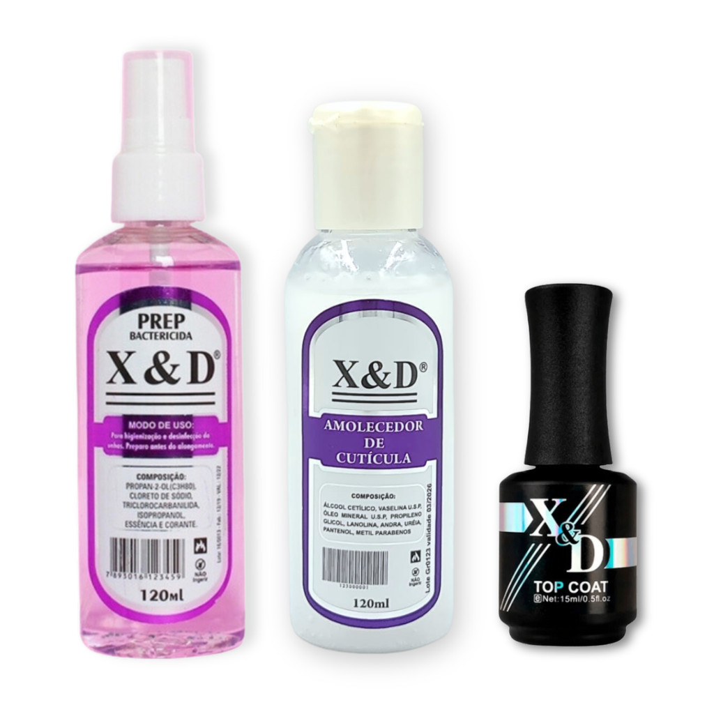 Kit Preparador Econômico Com Prep De 120ml X&d Amolecedor De Cutículas 120ml X&d e Top Coat X&d 15ml