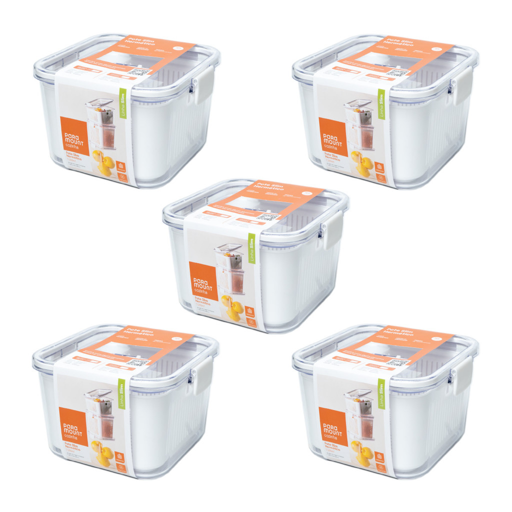 Kit 5 Potes Herméticos 1360ml Organizador de Geladeira Slim Multiuso Cesto Drenagem Tampa Com Trava