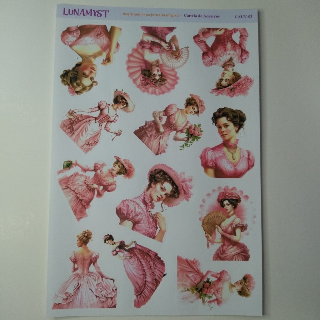 Cartela de Adesivos Mulheres Vitorianas Vintage Retro Vestido Rosa