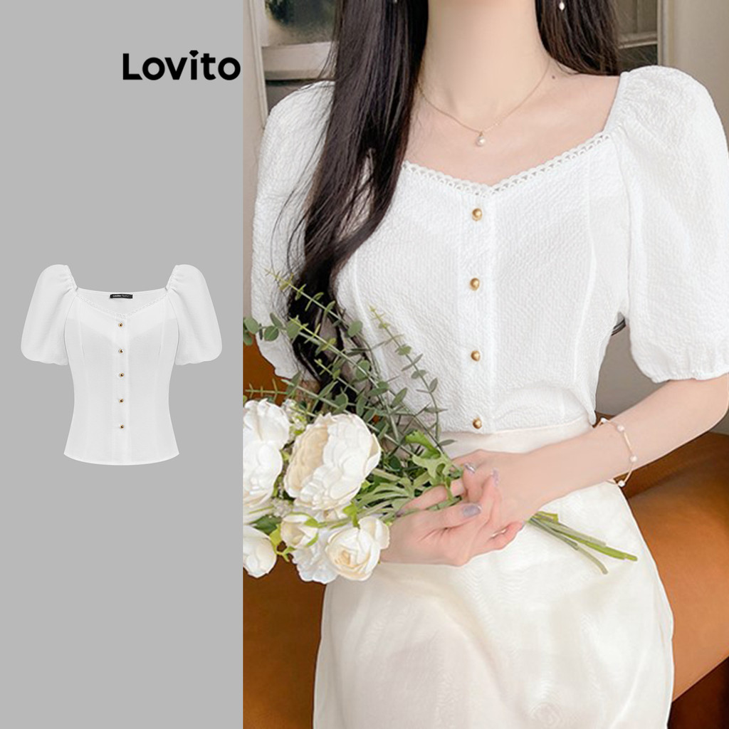 Lovito Blusa Casual De Renda Lisa Blusa Primavera/Verão Para Mulheres L121MD113 - Women Clothes