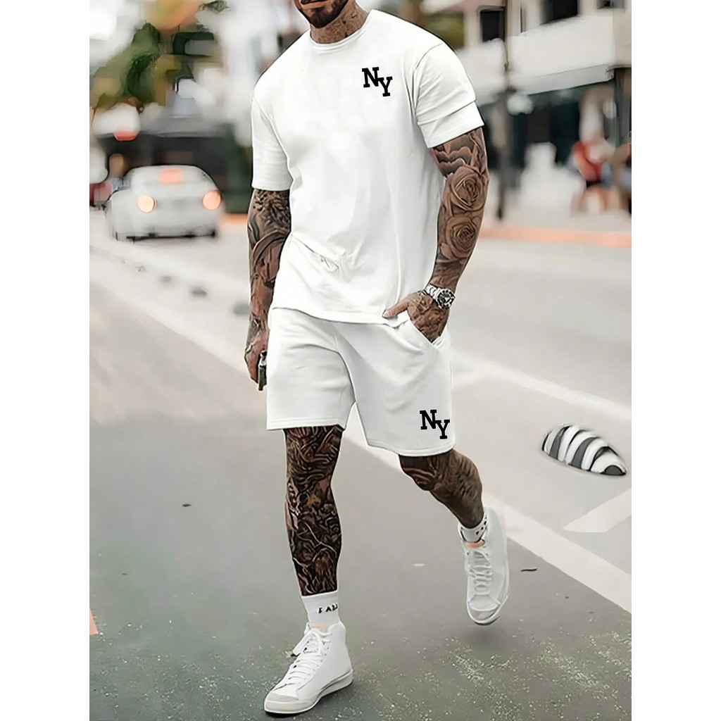 Conjunto Masculino NY Camiseta Streetwear Masculina + Bermuda Moletom Estampada Kit