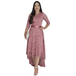 Vestido De Festa Renda Mullet Com Calda com Faixa Cinto Longo Forrado Luxo Glamour Estilo