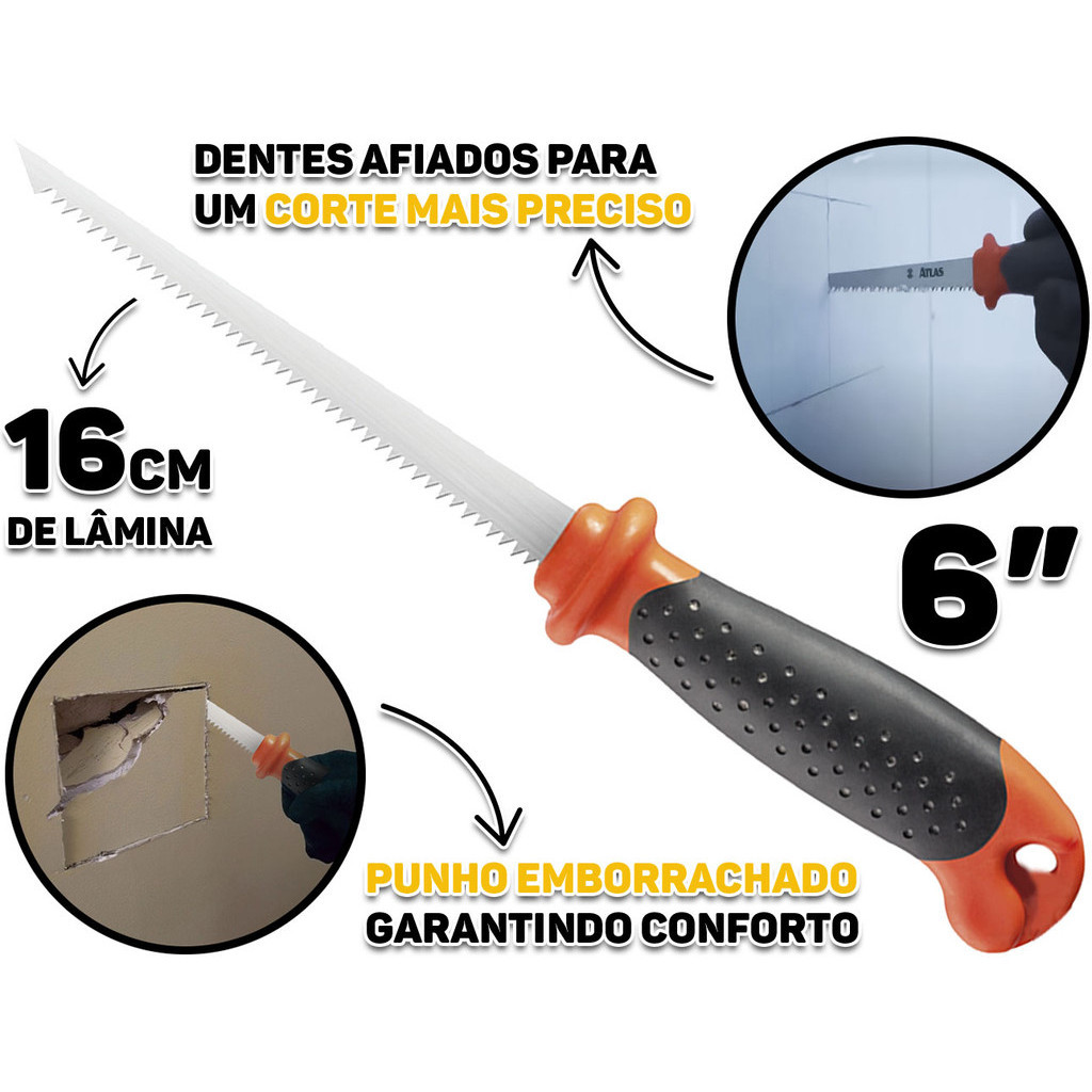 Serrote Ponta De Aço 6 Polegadas Drywall Corta Gesso Instalador Punho Emborrachado Atlas Original em Oferta na Shopee