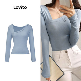 Lovito Casual Camiseta Feminina Lisa Básica com Tecido Texturizado L70AD023 (Azul)