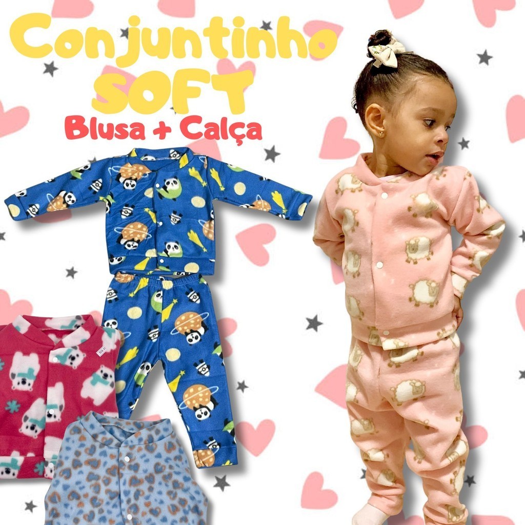 Pijama Conjuntinho Soft Infantil de 1 a 8 anos Menina e Menino Inverno Quentinho Pijama Inverno com Botão