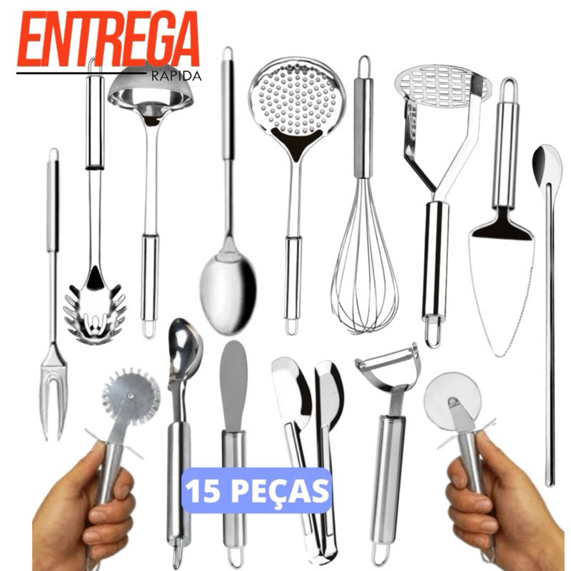 Kit Conjunto Utensílios de Cozinha 15 Talheres Com Pegadores Utensílios Para Cozinha 100% Aço Inox Descascador Cortador de Pizza Pastel Espatulas Bolo Manteiga Artigos Para Cozinha Itens Achadinhos da Shopee Casa Baratinho Coisas Diferentes da Shopee