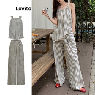 Lovito Conjuntos Femininos Casuais Listrados Com Cordões Padrão Calças L79AD050