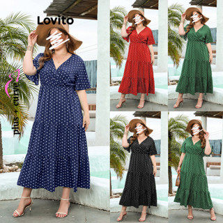 Lovito Vestido Plus Size Curvo Elegante De Bolinhas Em Camadas Para Mulheres LNL38014 (Vermelho/Verde/Azul/Preto)