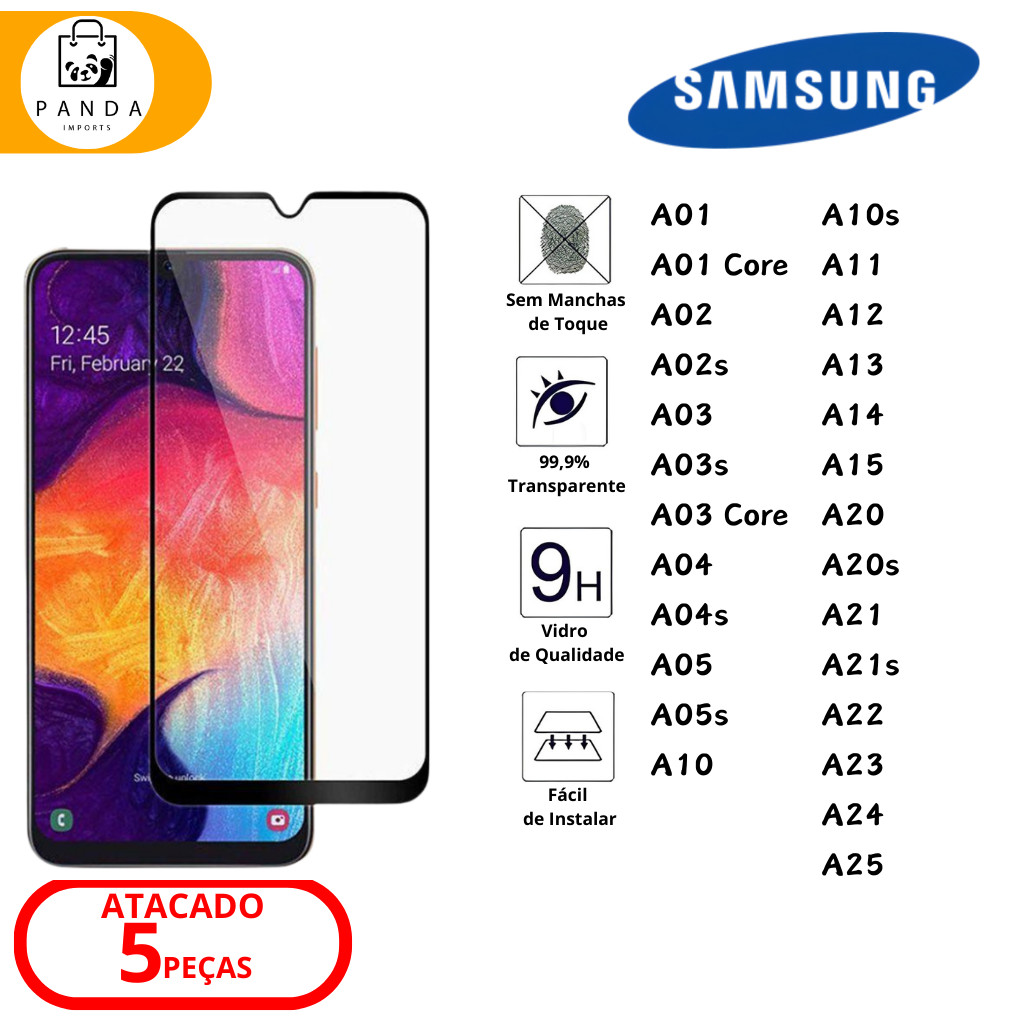Kit 5 Película De Vidro 3D Temperado Para Samsung: A01/A01 Core/A02/A02s/A03/A03s/A03 Core/A04/A04s/A05/A05s/A10/A10s/A11/A12/A13/A14/A15/A20/A20s/A21/A21s/A22/A23/A24/A25