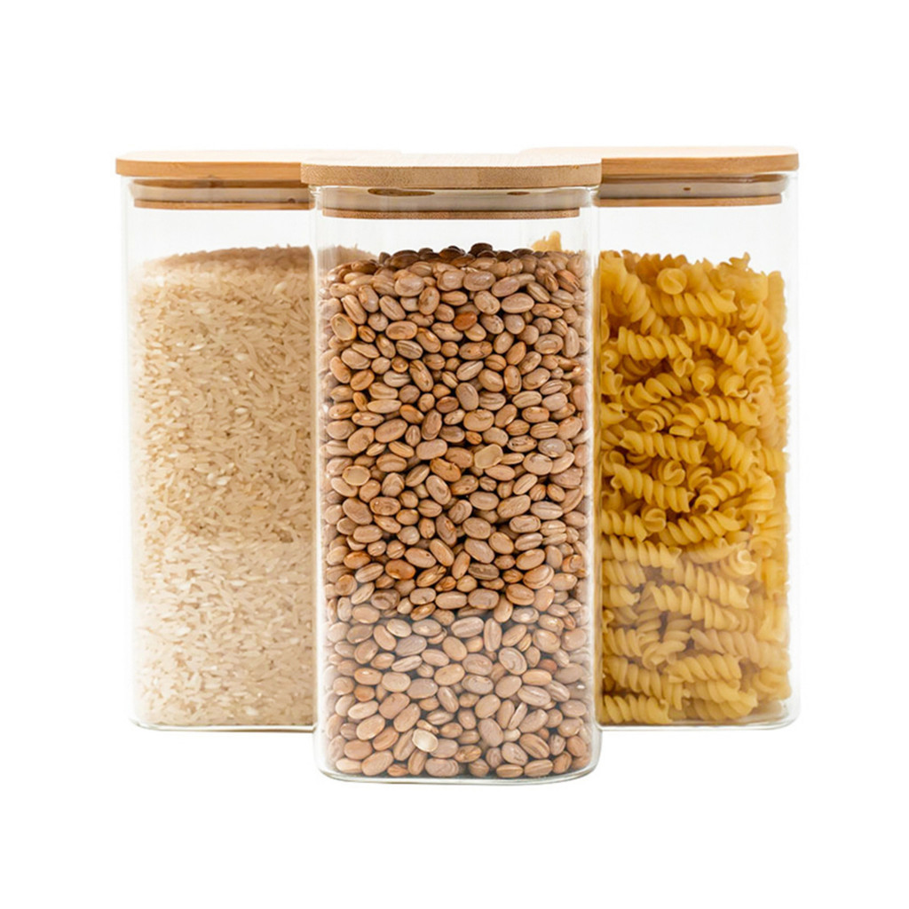 Kit 3 potes de vidro 1,4L tampa de bambu herméticos quadrados - Tud