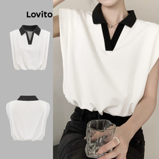 Lovito Camiseta casual plissada com gola lisa e contraste para mulheres L79AD130