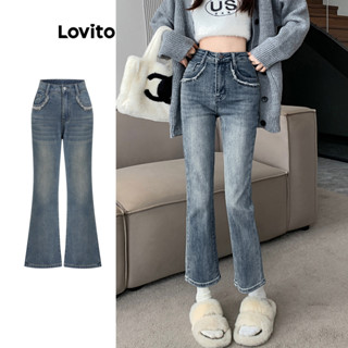 Lovito Jeans casuais com bainha crua e casual para mulheres L79AD097