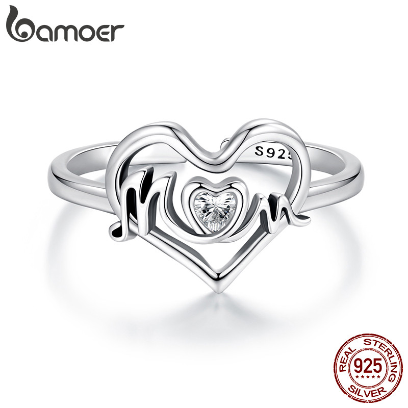 Bamoer 925 Sterling Sliver Anel Aberto Dia Das Mães Coração Moda Joias Presentes Para Mulheres