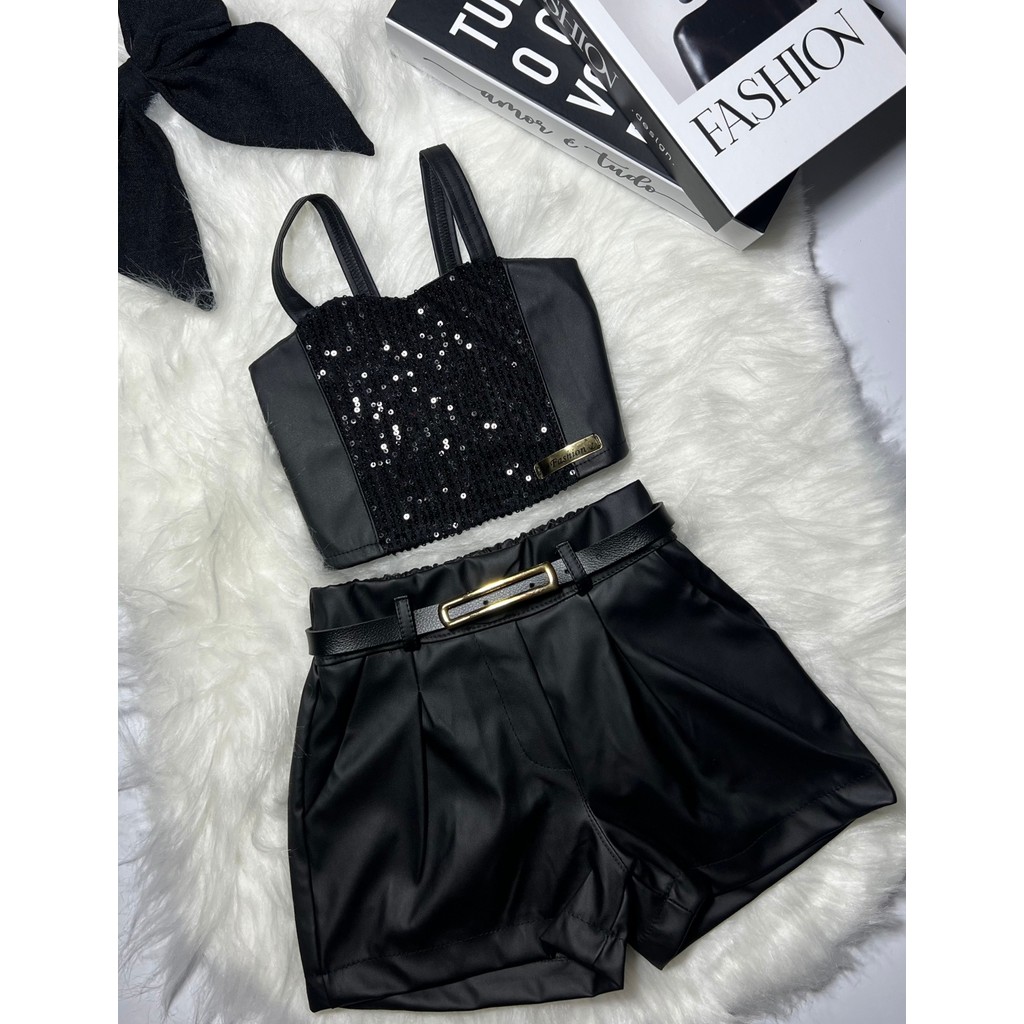 Conjunto Infantil Menina Cropped e Short Couro Com Cinto Moda Fashion Casual Outono Inverno Modinha