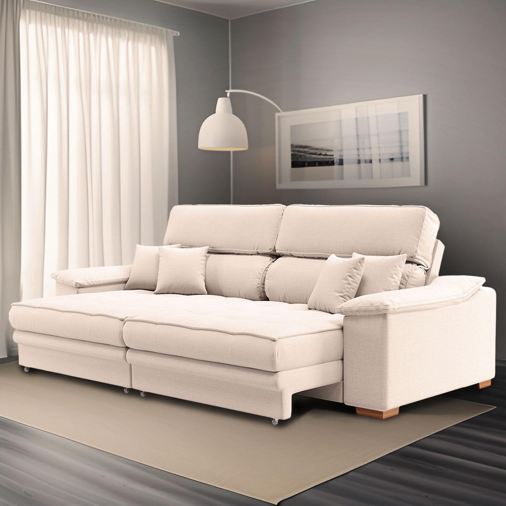 Sofá 3 Lugares Retrátil e Reclinável Leonard Linho Cru em Oferta na Shopee