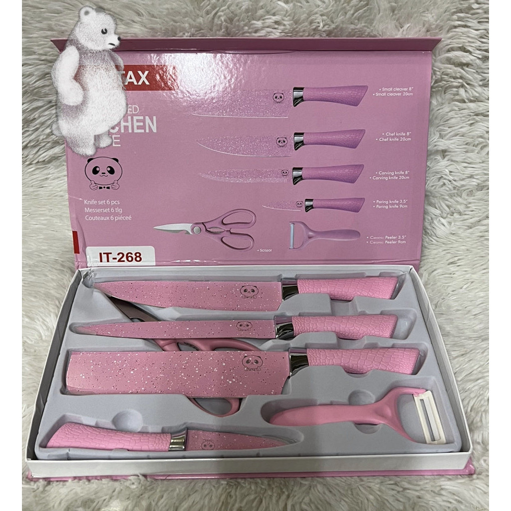 Kit Faqueiro com 4 peças+ Raspador + Tesoura Decorado- Colors Rosa e Preto