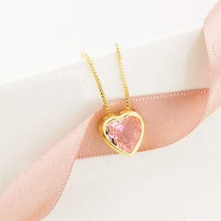 Colar Coração Quartzo Rosa Banho Ouro 18k