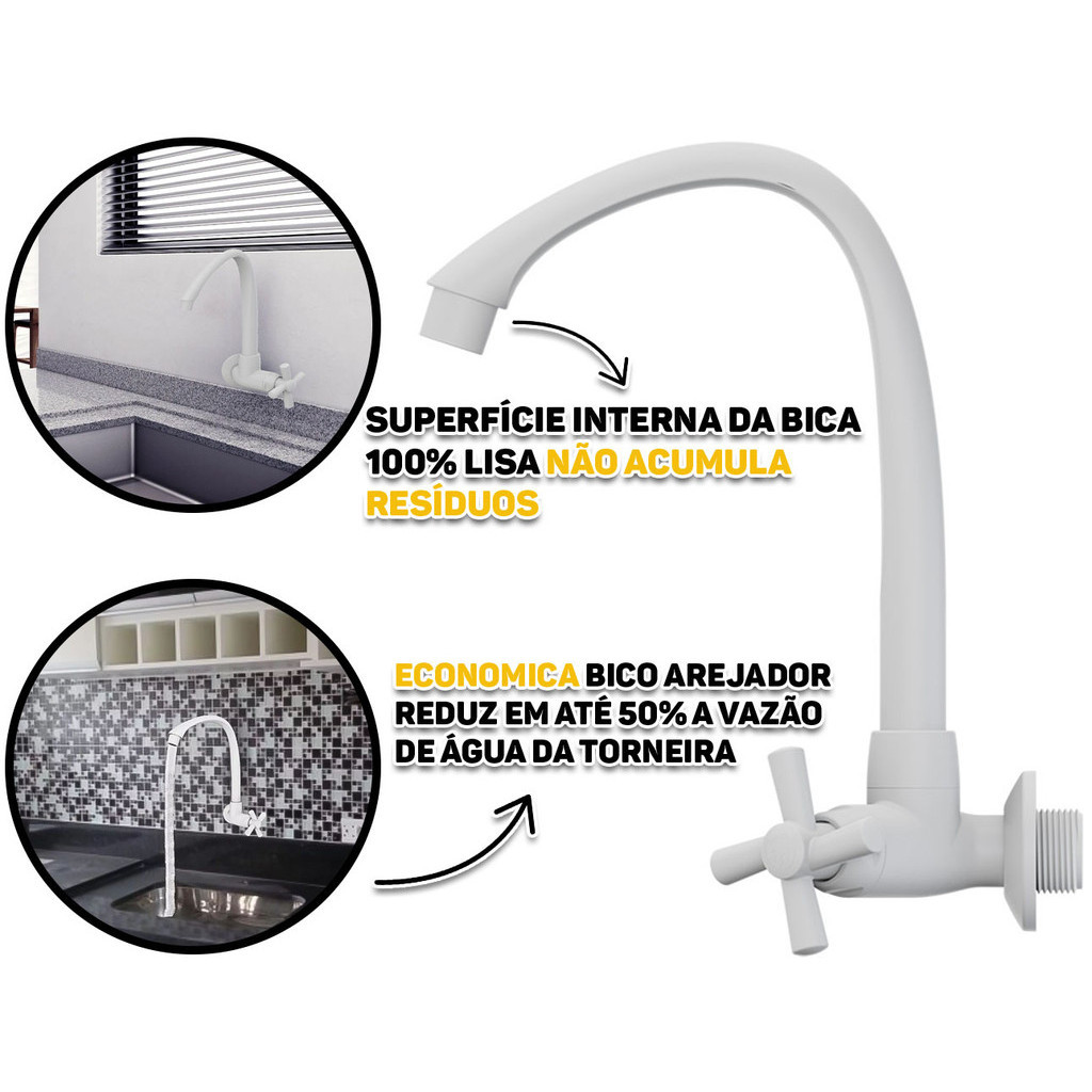 Torneira Para Cozinha Monocomando Cross Bica Alta Móvel Parede Branco Tigre