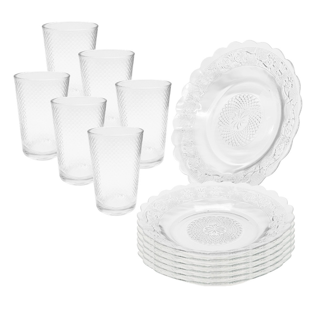 Jogo 12 Peças Aparelho de Jantar 6 Pratos Fundo Liso Vidro + 6 Copos Latino