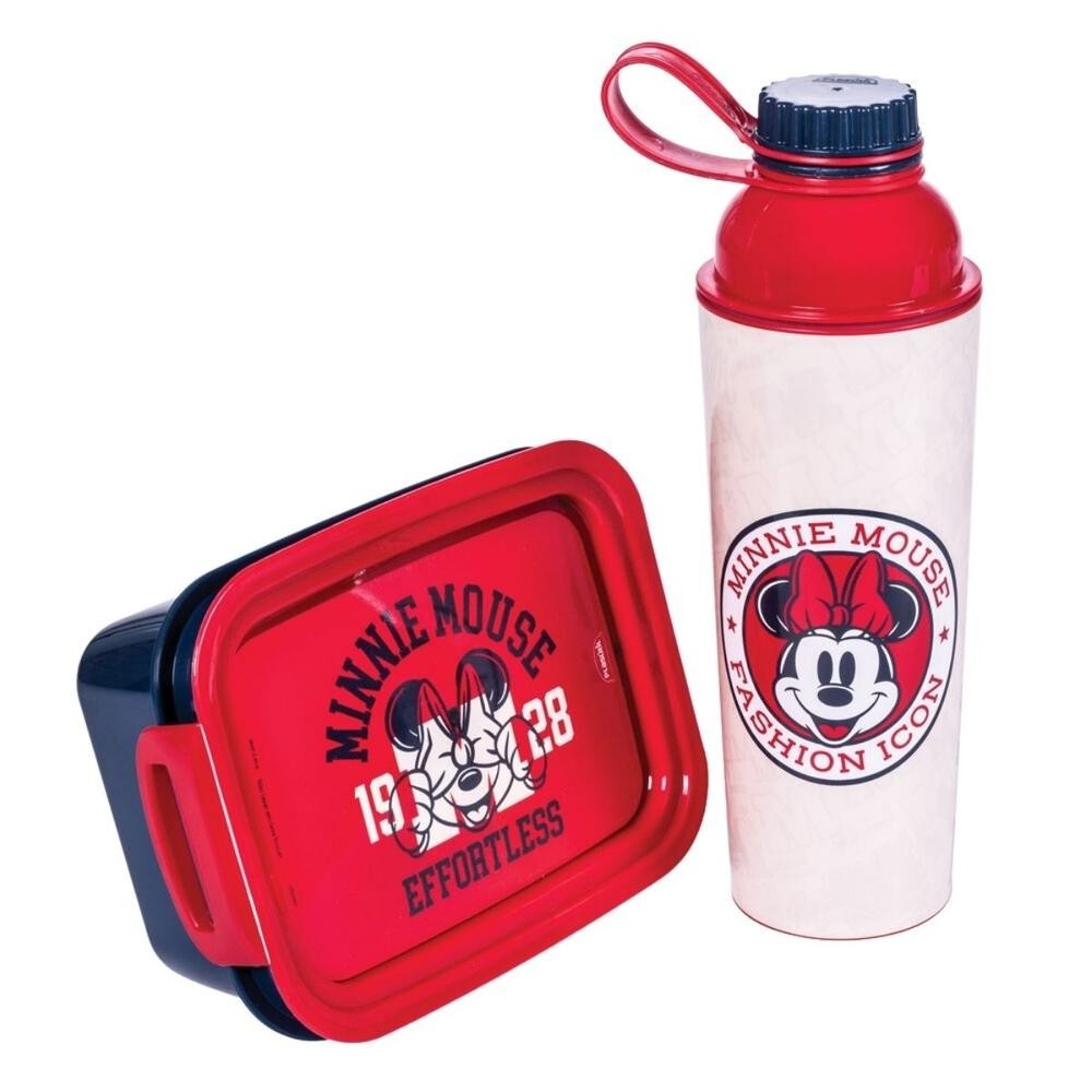 Kit Garrafa Minnie 660ml e Pote Marmita Hermética 850ml com Trava Presente Escolar Plasutil