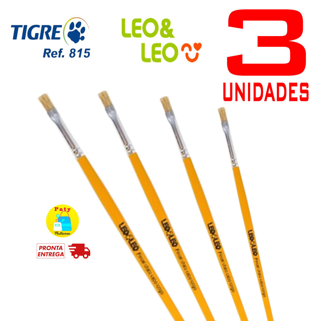 Kit 3 Pincel chato cerda 815 Tigre leo e leo nº 2 4 6 8 10 12 cabo longo pintura artesanato