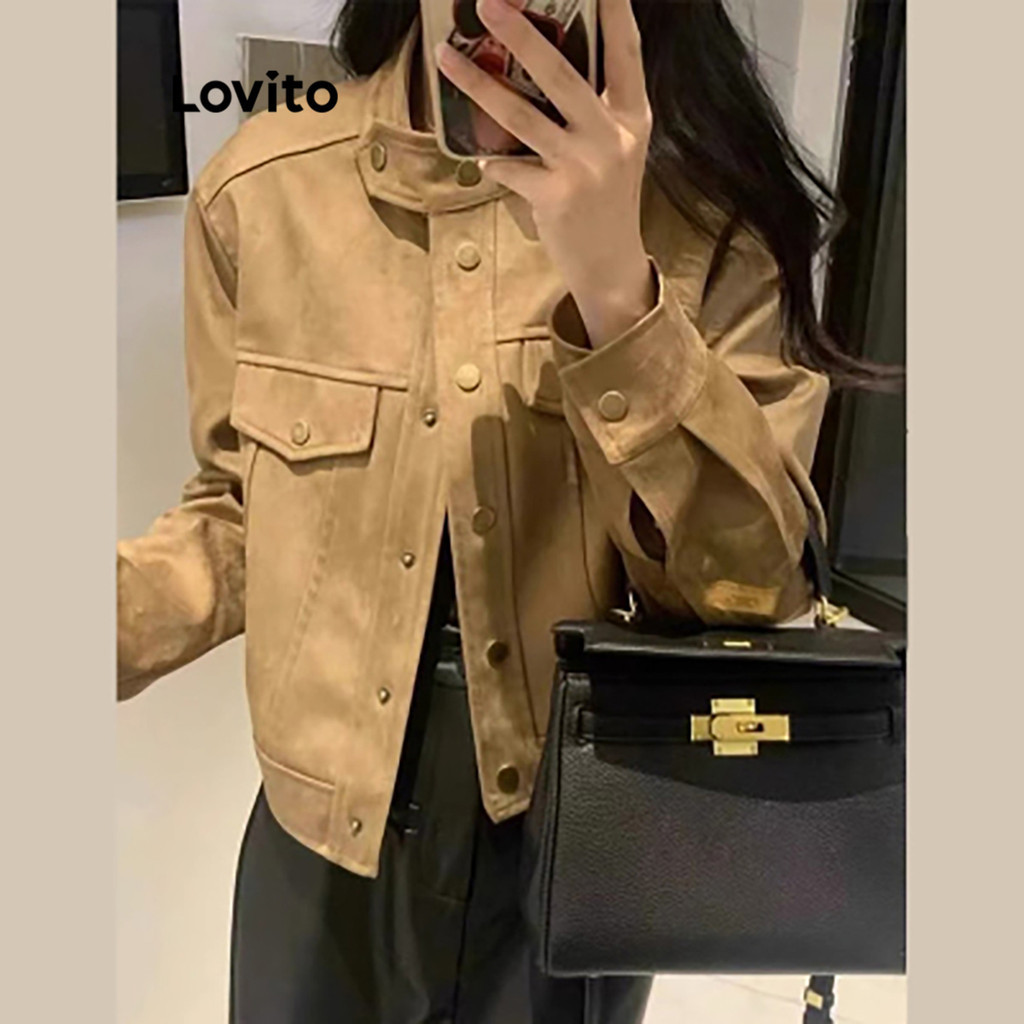 Lovito Casual Jaqueta Feminina Lisa com Bolso Falso e Botão Frontal LNE40076