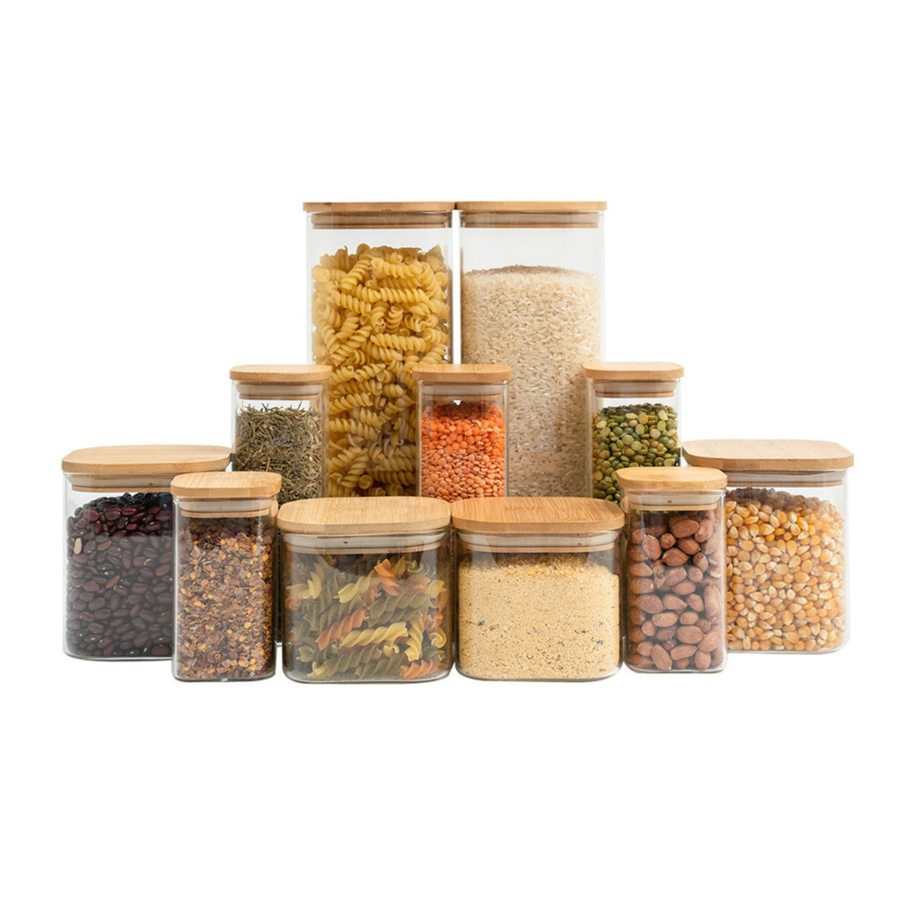 Kit 11 potes de vidro com tampa de bambu herméticos quadrados - Tud