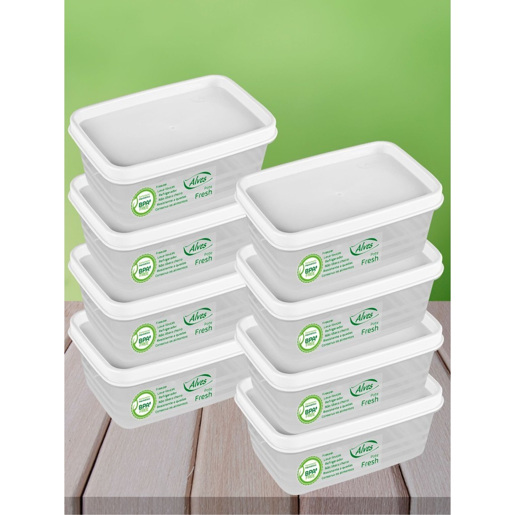 Kit 8 Potes 250ml Tampa Branca 11cm Empilhável Lava-Louça Quadrado Tampa Trava Vedação Conserva Mantimento Frutas Cereal