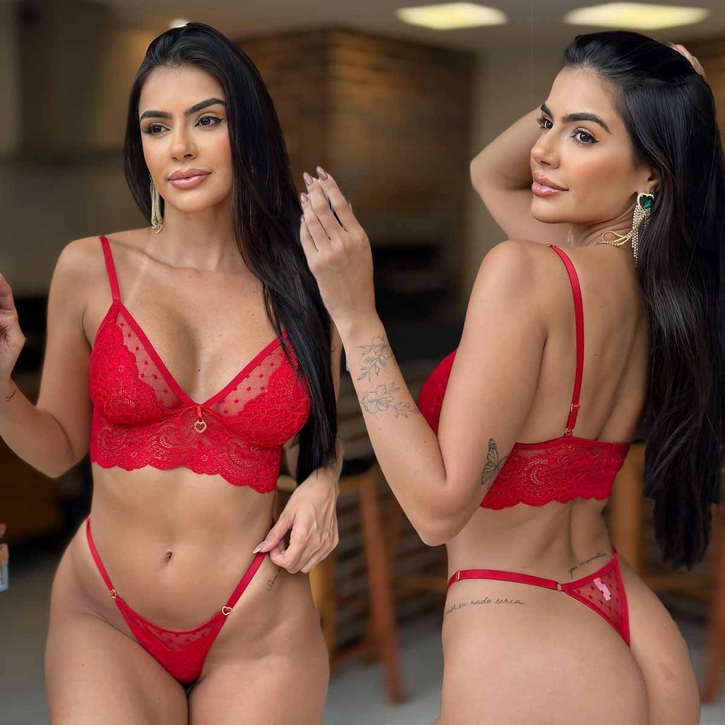 Conjunto Lingerie Sem Bojo Sensual Calcinha fio Dental Sexy Rendada Tule