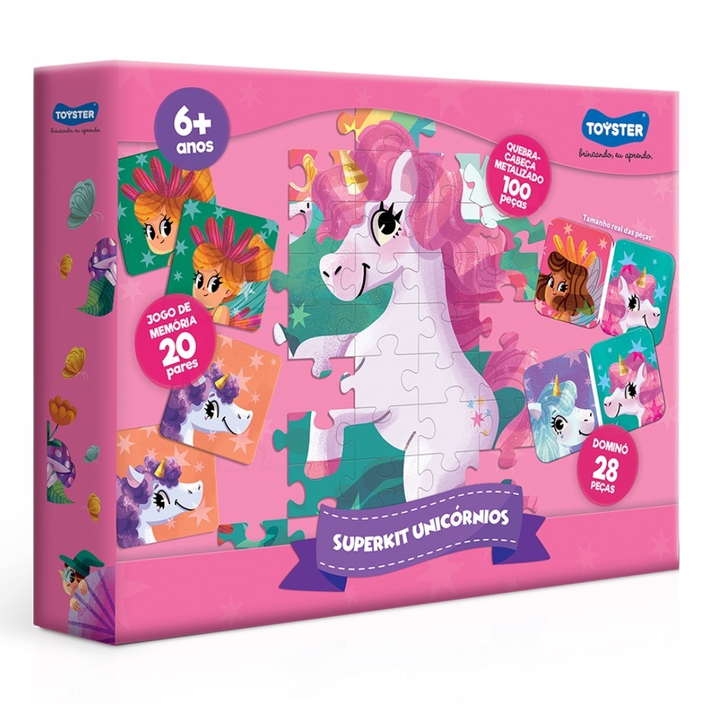SUPER KIT UNICÓRNIOS METALIZADO QUEBRA CABEÇA + DOMINÓ + JOGO DE MEMÓRIA TOYSTER EDUCATIVO CRIANÇAS em Oferta na Shopee