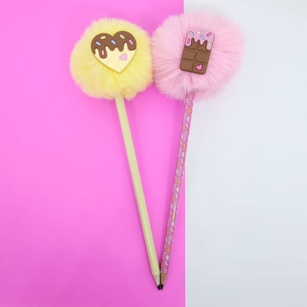 02 Lapis Pompom lápis de escrever duas peças aplique chocolate papelaria material escolar menina presente em Oferta na Shopee