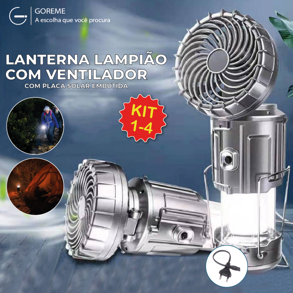 Lanterna Lampião com Ventilador LED c/ Placa Solar embutida Recarregável via usb e tomada em Oferta na Shopee