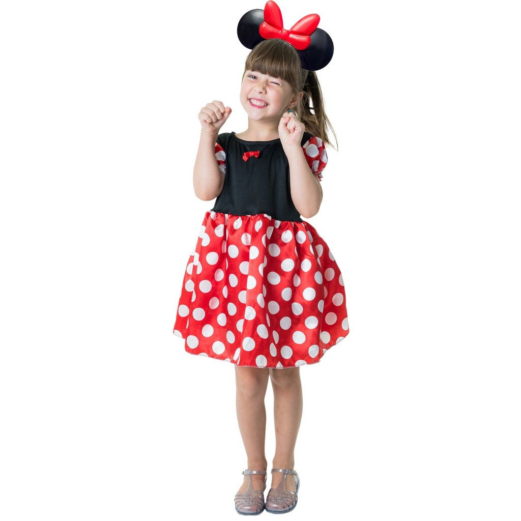 Fantasia Infantil Minnie Mouse Mickey Disney Vermelha Vestido Festa Carnaval Luxo Completa Com Tiara