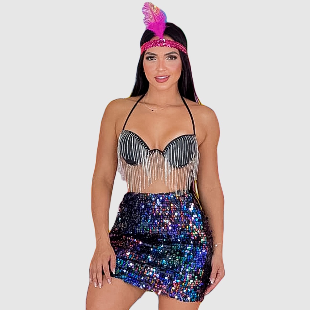 Top Carnaval Feminino Cropped Com Bojo Brilho Strass Franjas Pedraria Verão