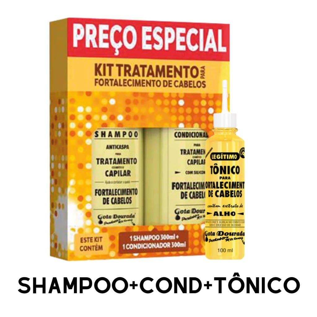 Kit Shampoo E Condicionador + Tônico Capilar De Alho Gota Dourada em Oferta na Shopee