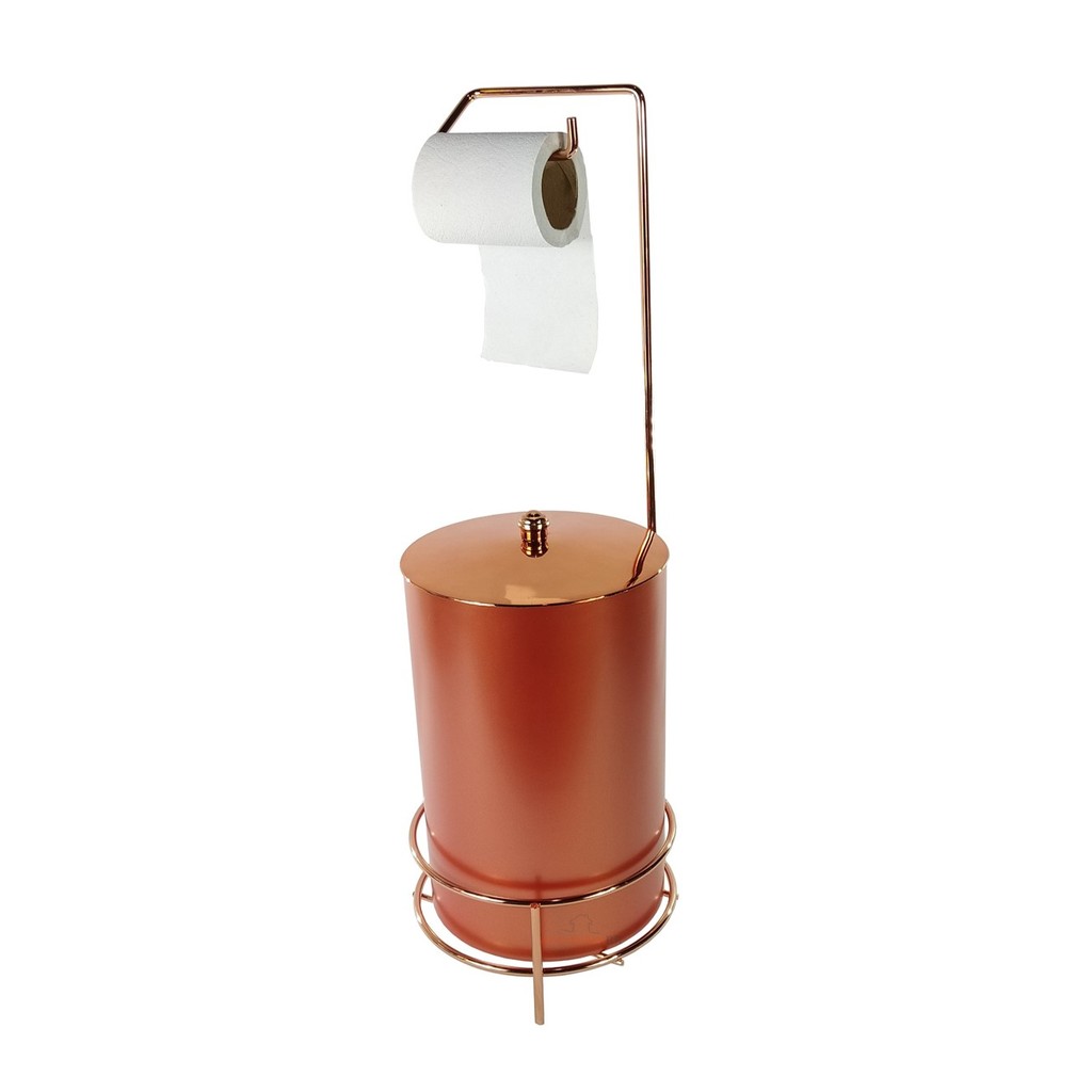 Kit Suporte Porta Papel Higiênico + Lixeira 8 Litros Rose Gold Banheiro - AMZ
