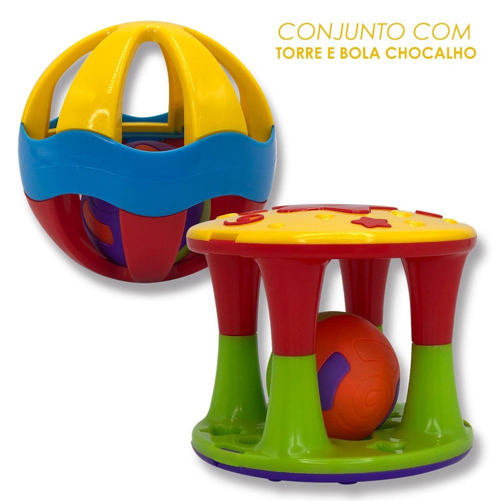 Conjunto com Torre e Bola Chocalho: Brinquedo Divertido e Educativo para Estimular o Desenvolvimento Sensorial das Crianças