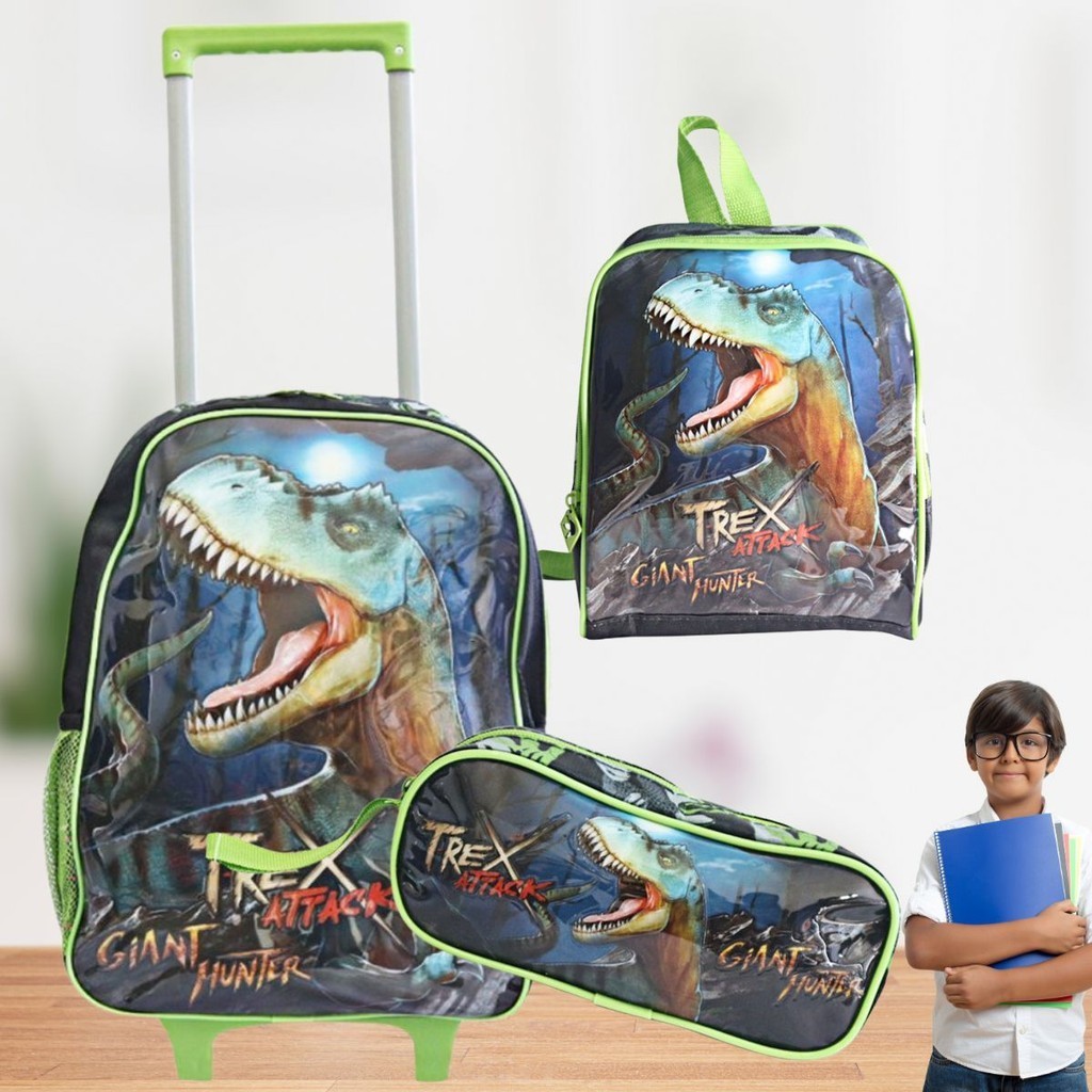 Conjunto Mochila Escolar de Rodinha Dinosauro T-Rex Tiranossauro Verde Com Lancheira e Estojo