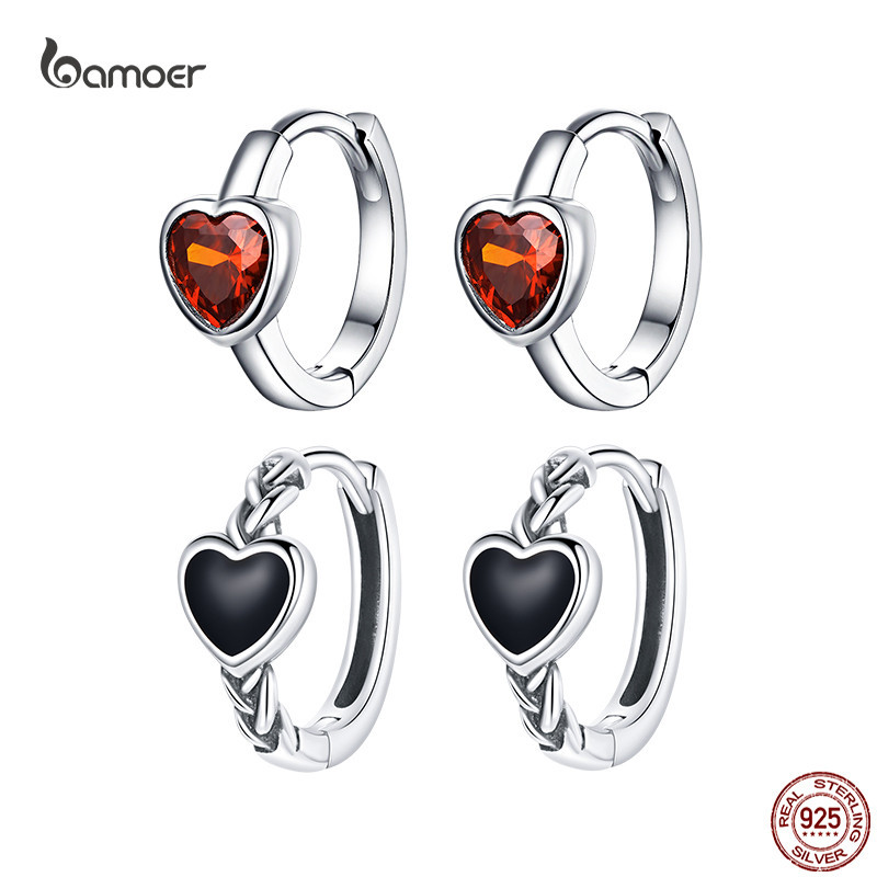 Brincos De Amor Preto Único Bamoer Real 925 Sterling Silver Heart Shape Para Mulheres Festa Elegante Jóias Hipoalergênicas