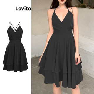 Lovito Vestido Casual De Camada Dupla Com Laço Liso Nas Costas Para Mulheres L77ED496
