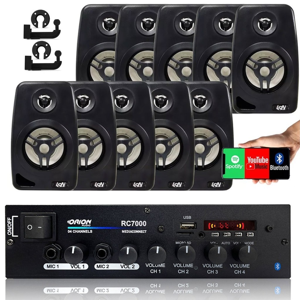 Amplificador Som Ambiente 500W Blue 4 Canais - Orion + 10 Caixas de Som LeSon 4" 70w 8 Ohms Preta em Oferta na Shopee